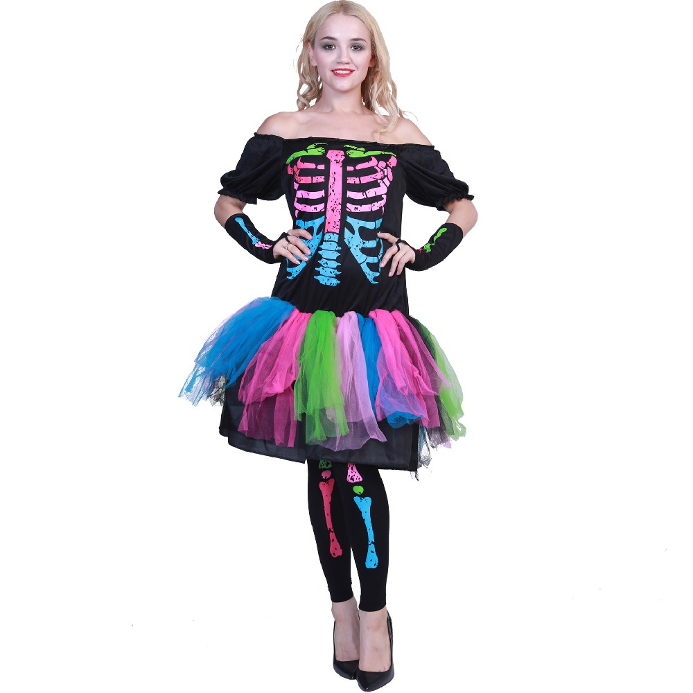 Source Stage Show Costumes Colorful Skeleton Punk Girl Kilt Halloween Cosplay Costumes