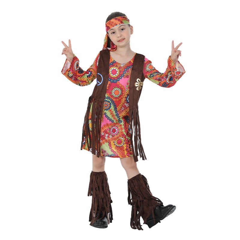 New Style Halloween Play Costume Dress Peace Lover Hippie Style Girl Kids Stage Costume Party Costume