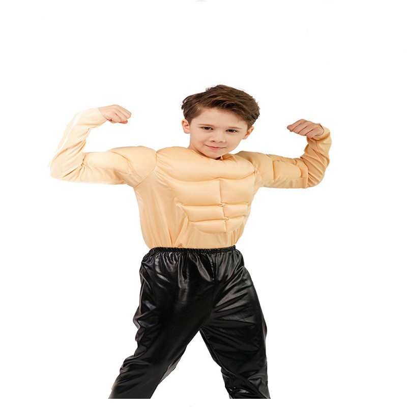 Muscular Men T-shirt Cosplay Costume Fake Pectorals Fake Abs Funny Little Boy Muscle T-shirt Clothing Dress Kids Boy