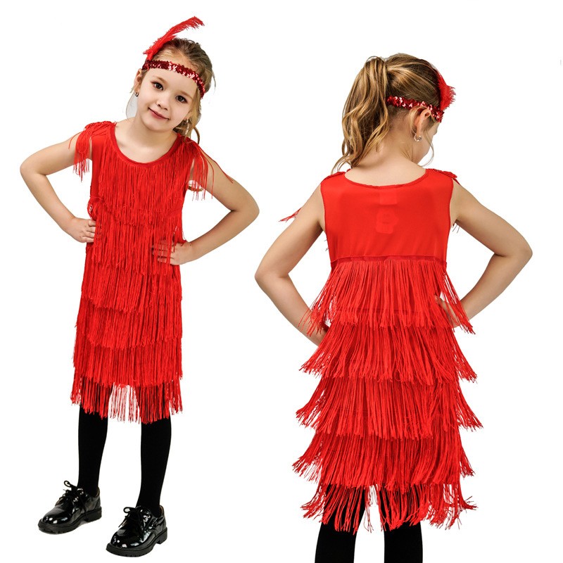 Kids Girl Vintage Latin Dance Show Costumes Fringed Skirt Dance Girls Party Tassel Stage Show Costumes