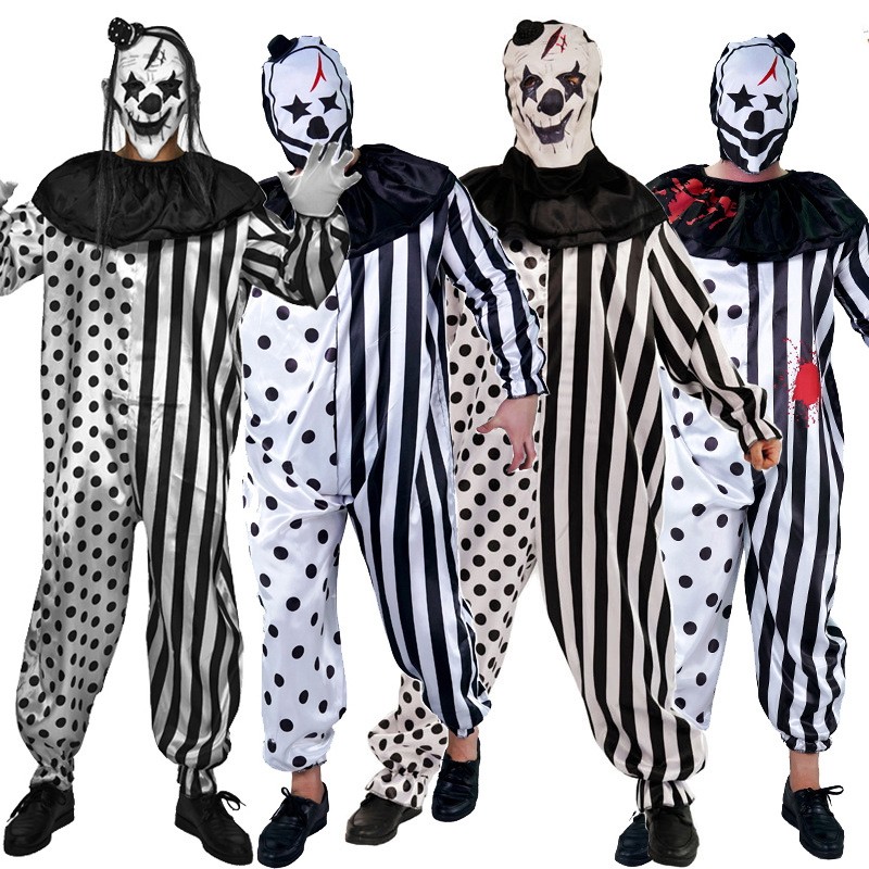 Halloween Adult Horror Bloody Murder Clown Costume Male Man Black and White Game Evil Joker Show Costumes Cos