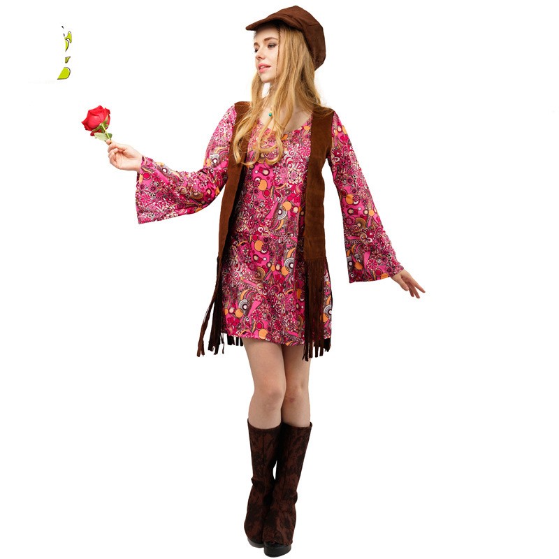 Adult Women 70s Hippie Fringe Skirt Stage Show Costumes Big Female Hippie Costume