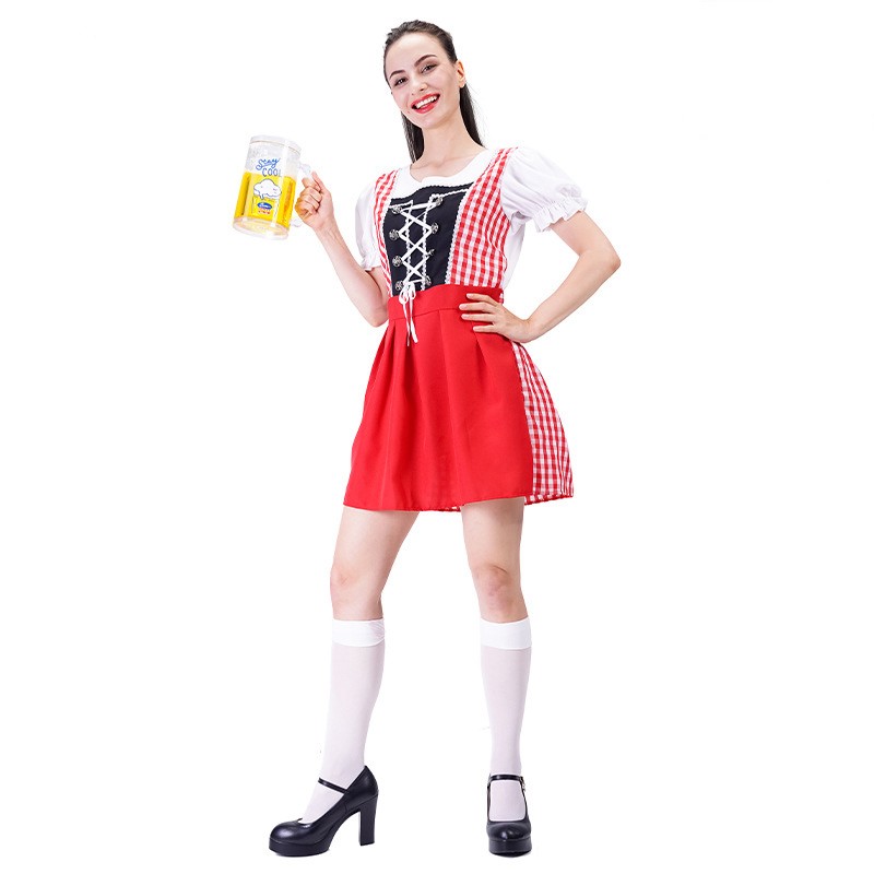 Red Plaid Beer Women\'s Dress Carnival Masquerade Dress Festive Party Cosplay Costumes