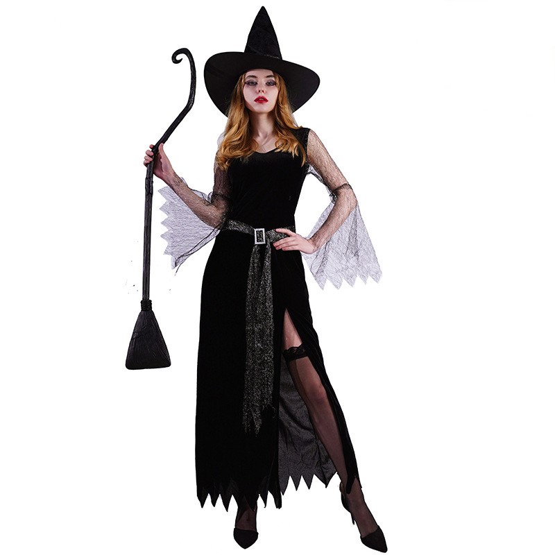 Halloween Adult Black Openwork Lace Witch Dress Witch Party Cosplay Costume Stage Show Costumes