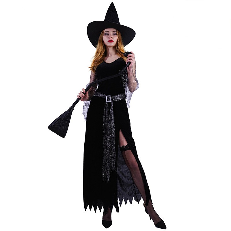 Halloween Adult Black Openwork Lace Witch Dress Witch Party Cosplay Costume Stage Show Costumes