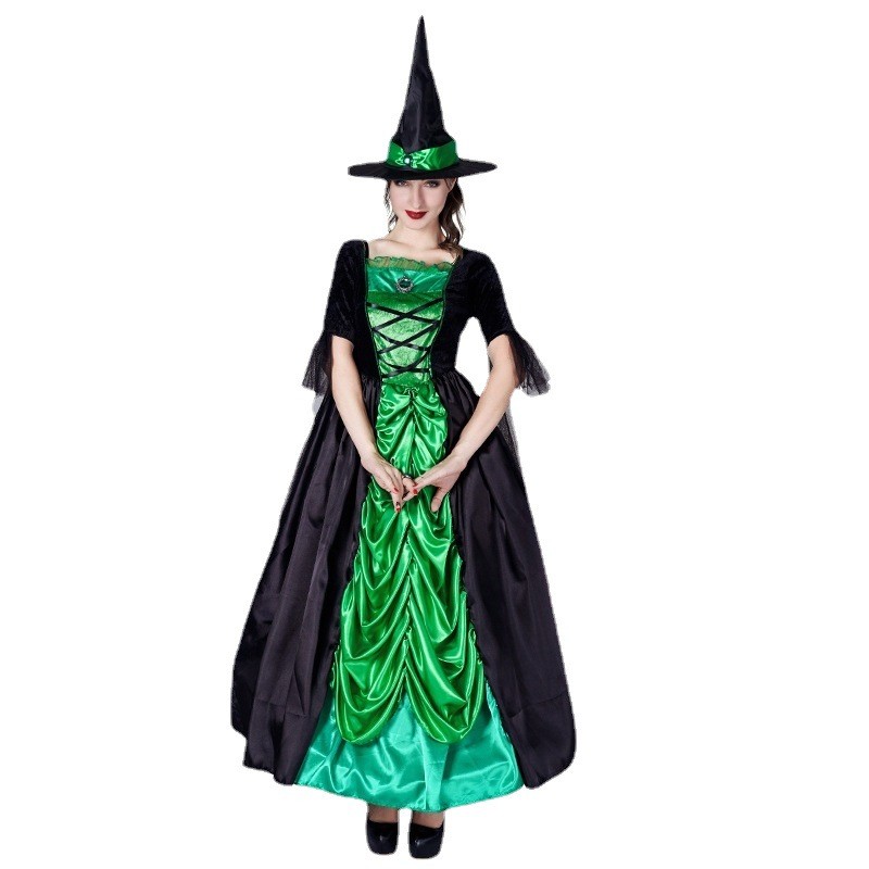 Halloween Adult Women Magic Witch Green Long Dress Cosplay Costumes Big Witch Party Costume