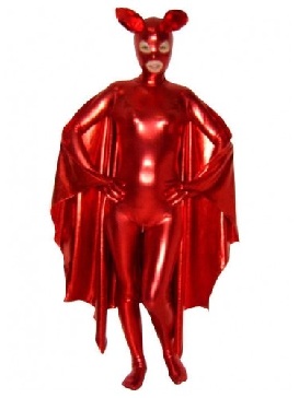 Red Zentai Costume Shiny Metallic Unisex Catsuit Party Costume with Mask and Cape