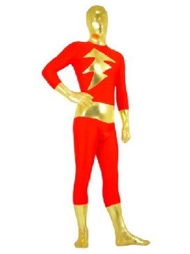Red with Gold Shiny Metallic Lycra Spandex Super Hero Superhero Catsuit