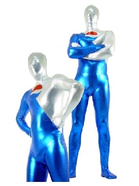 Blue and Silver Zentai Costume Shiny Metallic Unisex Catsuit Party Costume