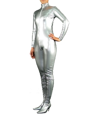 Cool Silver PVC Front Open Unisex Catsuit Party Costume