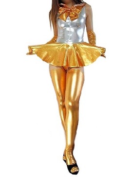 Silver Gold Zentai Costume Shiny Metallic Bowknot Mini Skirt Suit