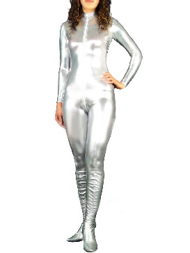 Silver Zentai Costume Shiny Metallic Front Open Unisex Catsuit Party Costume