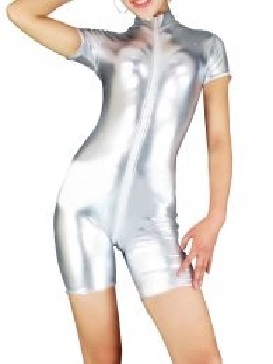 Silver Zentai Costume Shiny Metallic Half Length Unisex Catsuit Party Costume
