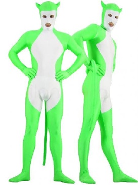 Zentai Costume Shiny Metallic Green with White Unisex Catsuit Party Costume