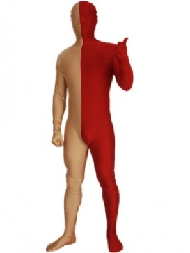 Red and Flesh Color Split Halloween Holiday Cosplay Unisex Lycra Spandex Morph Tights Zentai Morph Suit