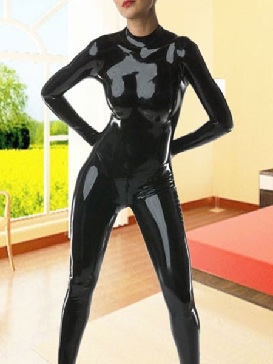 Latex Catwoman Catsuit Black Back Zipper Halloween Costume Gimp Suit