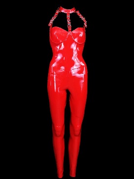 Women Latex Tight Sexy One-piece Red Halterneck Rivet Latex Jumpsuits