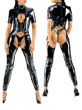 Custom-made Sexy Catsuit Cut Out Black Crotchless PVC Catsuit Women Gimp Suit Halloween Costume