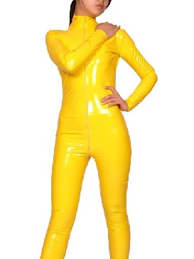 Shiny Halloween PVC Catsuit Yellow Long Sleeves body suit Front Zipper Unisex Catsuits