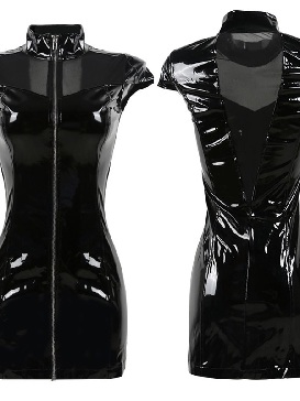 Women Black Halloween PVC Dress Gothic Mesh Patchwork Front Zipper Punk Dresses