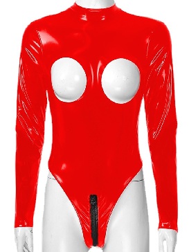 Wetlook Bodycon Bodysuit Long Sleeveless Stretch Halloween PVC Open Chest Sexy Leotard Jumpsuit