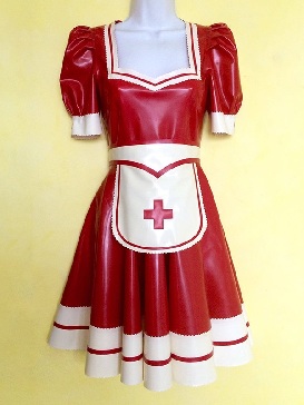 Red Short Sleeve Latex Dress Nurse Doctor Halloween Cosplay Dress with Apron