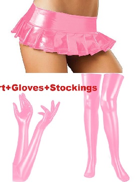 Women Pleated Mini Skirt Thigh Stockings Long Gloves Shiny Metallic Cosplay Halloween Costume 3-pieces Sets