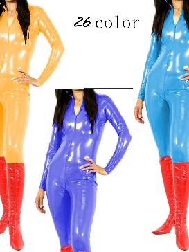 Womens Shiny Halloween PVC catsuit Long Sleeve Slim Outifts Open Crotch Tight zentai suit