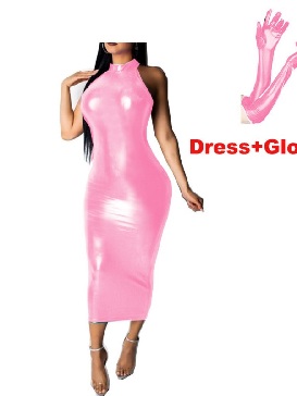 Women Sleeveless Long Maxi Shiny Metallic Dress Tank Pencil Dresses with Gloves