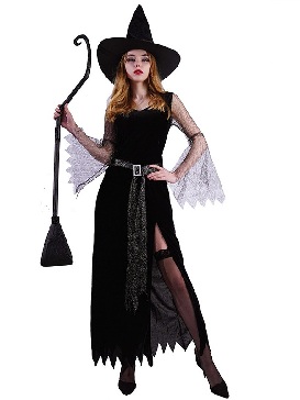 Supply Halloween Adult Black Openwork Lace Witch Dress Witch Party Cosplay Costume Stage Show Costumes