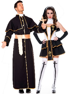 Male and Female Couple Robes Priest Costume Priest Masquerade Girl Costume Ornament Halloween Costume Nun Costume