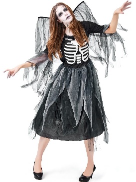 Halloween Costume Carnival Costume Adult Zombie Skeleton Print Fallen Dark Angel Jumpsuit Mesh Skirt