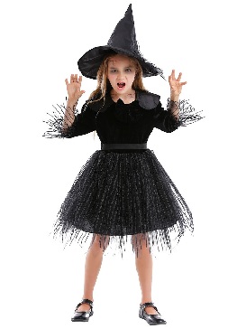 Children Halloween Costume Black Wine Red Mesh Puffy Princess Dress Little Witch Demon Girl Costume