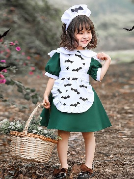 Halloween Costume Children Anime Maid Bat Print Green Ghost Festival Girl Dress