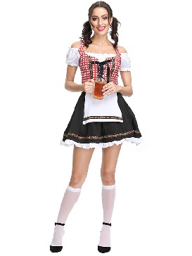 Oktoberfest Carnival Costume Plaid Red and Dark Waiter Maid Dress Up Halloween Costume
