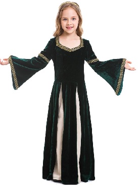 Renaissance Retro Medieval Girl Costume Musical Stage Dark Green Trumpet Sleeve Long Skirt Halloween Costume